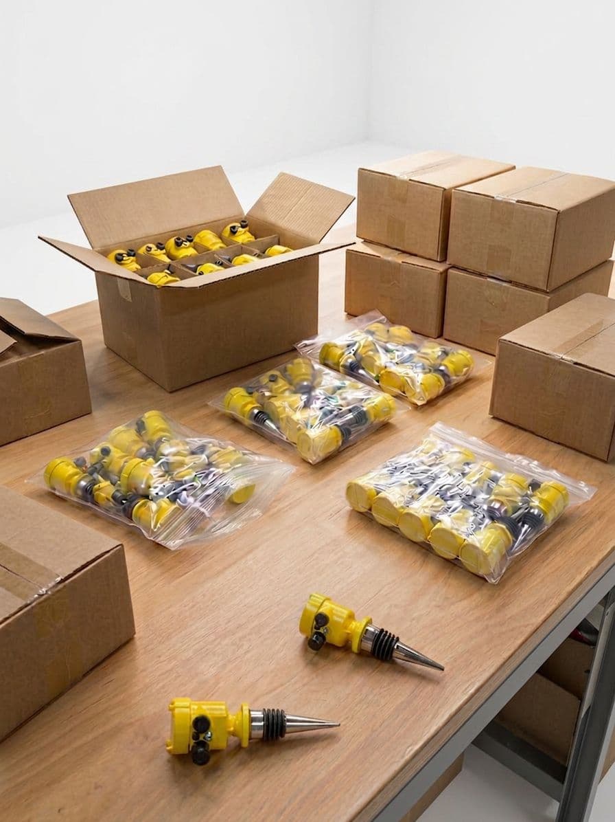 Een serie gele wijnstoppers ligt verpakt in zakjes en dozen op een werktafel, klaar voor levering